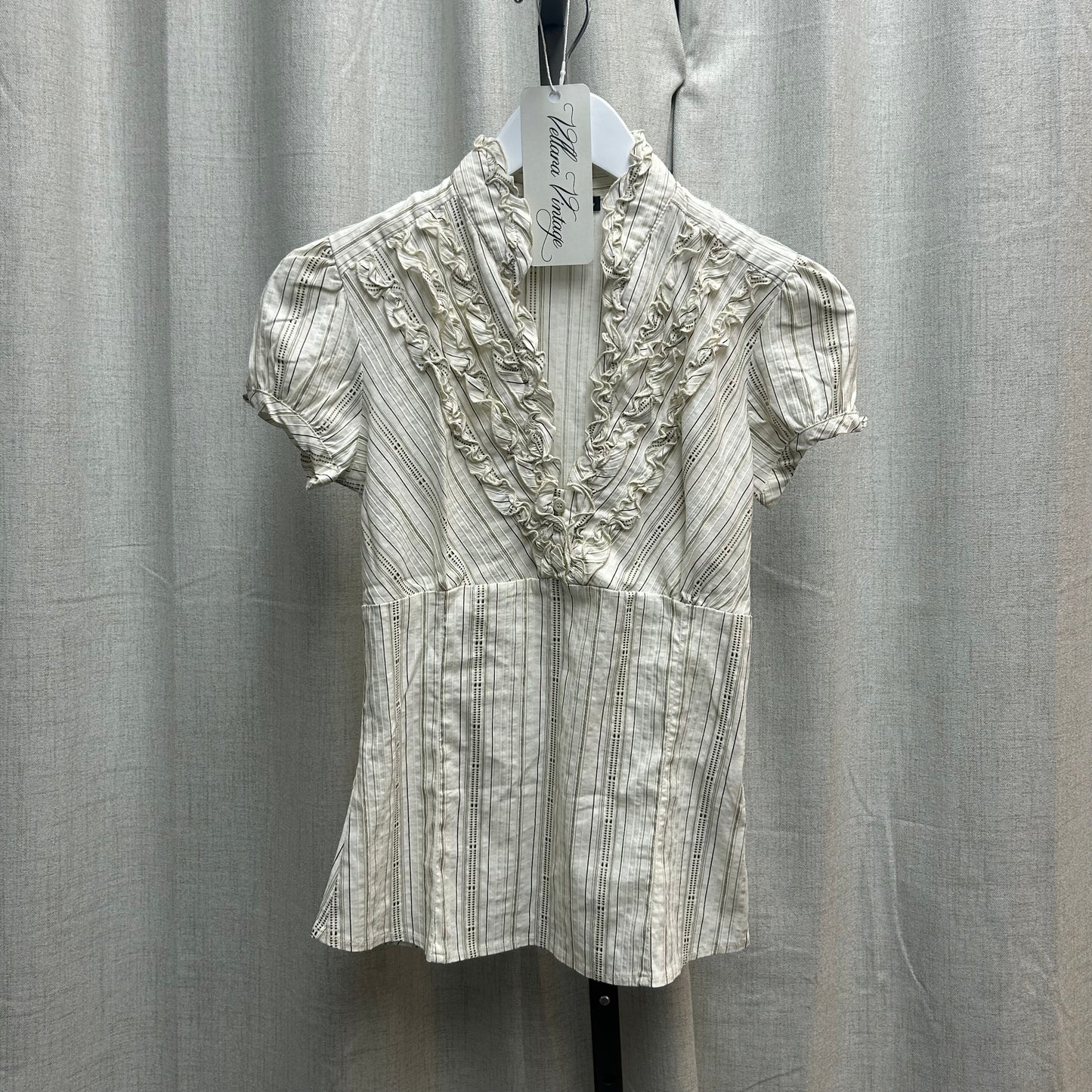 Etam Striped White Ruffle Short Sleeve Blouse
