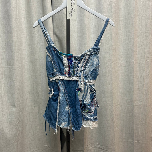 Blue Patterned Patchwork Lace Back Top