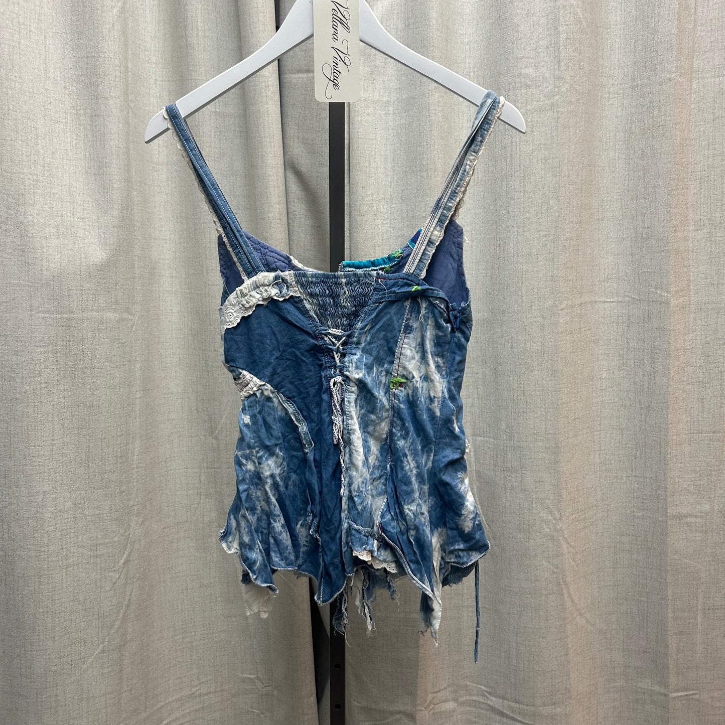 Blue Patterned Patchwork Lace Back Top