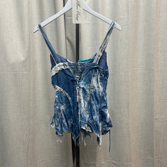 Blue Patterned Patchwork Lace Back Top