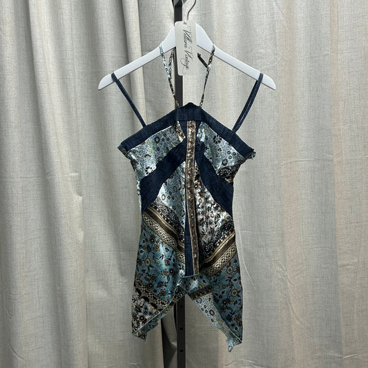 Blue Paisley Sequin Asymmetrical Halter Tank Top