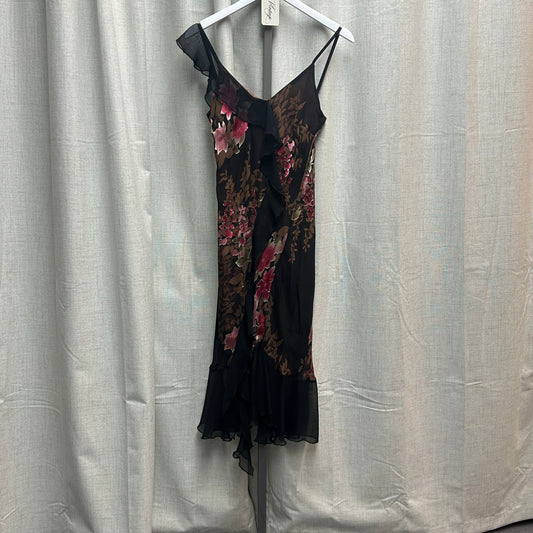 Pink and Black Floral Asymmetrical Midi Dress