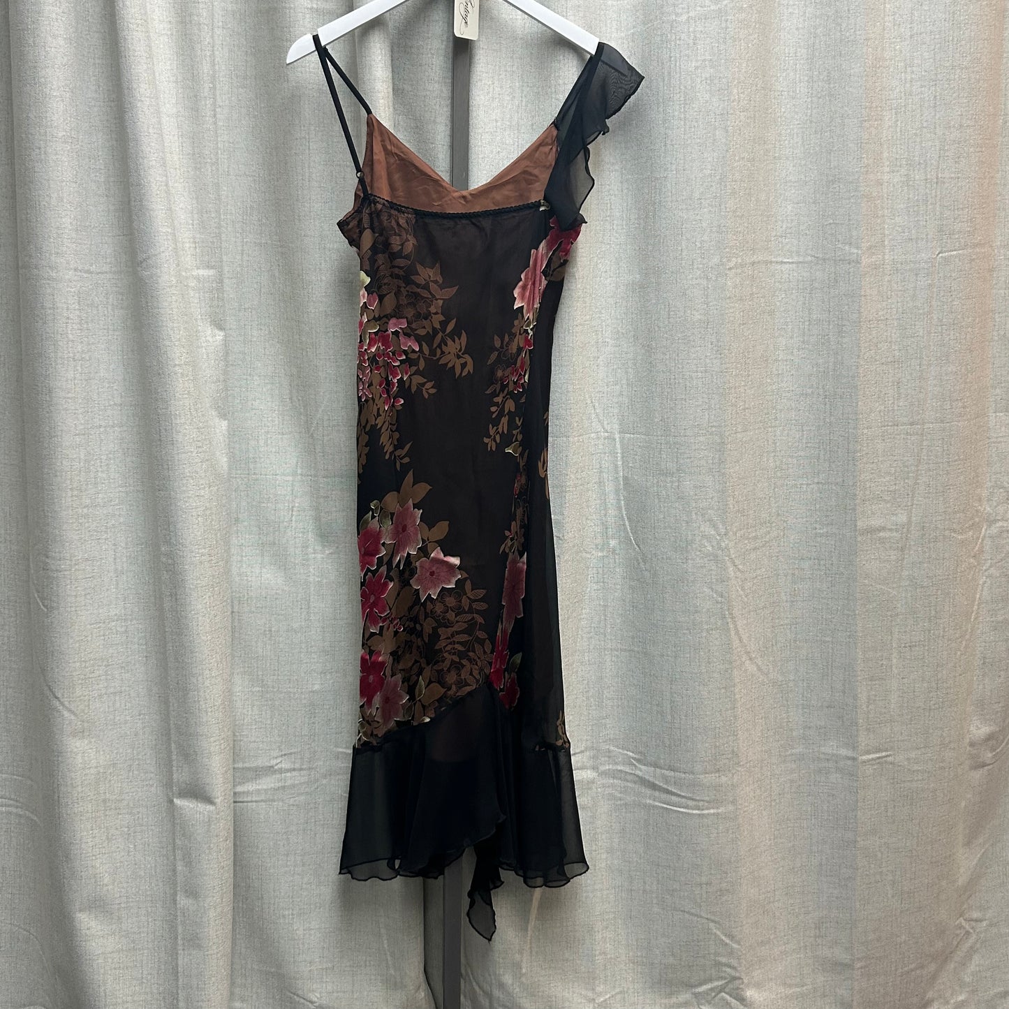 Pink and Black Floral Asymmetrical Midi Dress