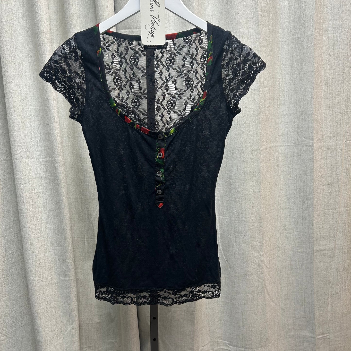 D&G Black Lace Floral Button Short Sleeve Top