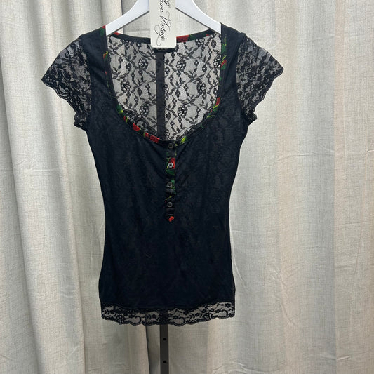 D&G Black Lace Floral Button Short Sleeve Top