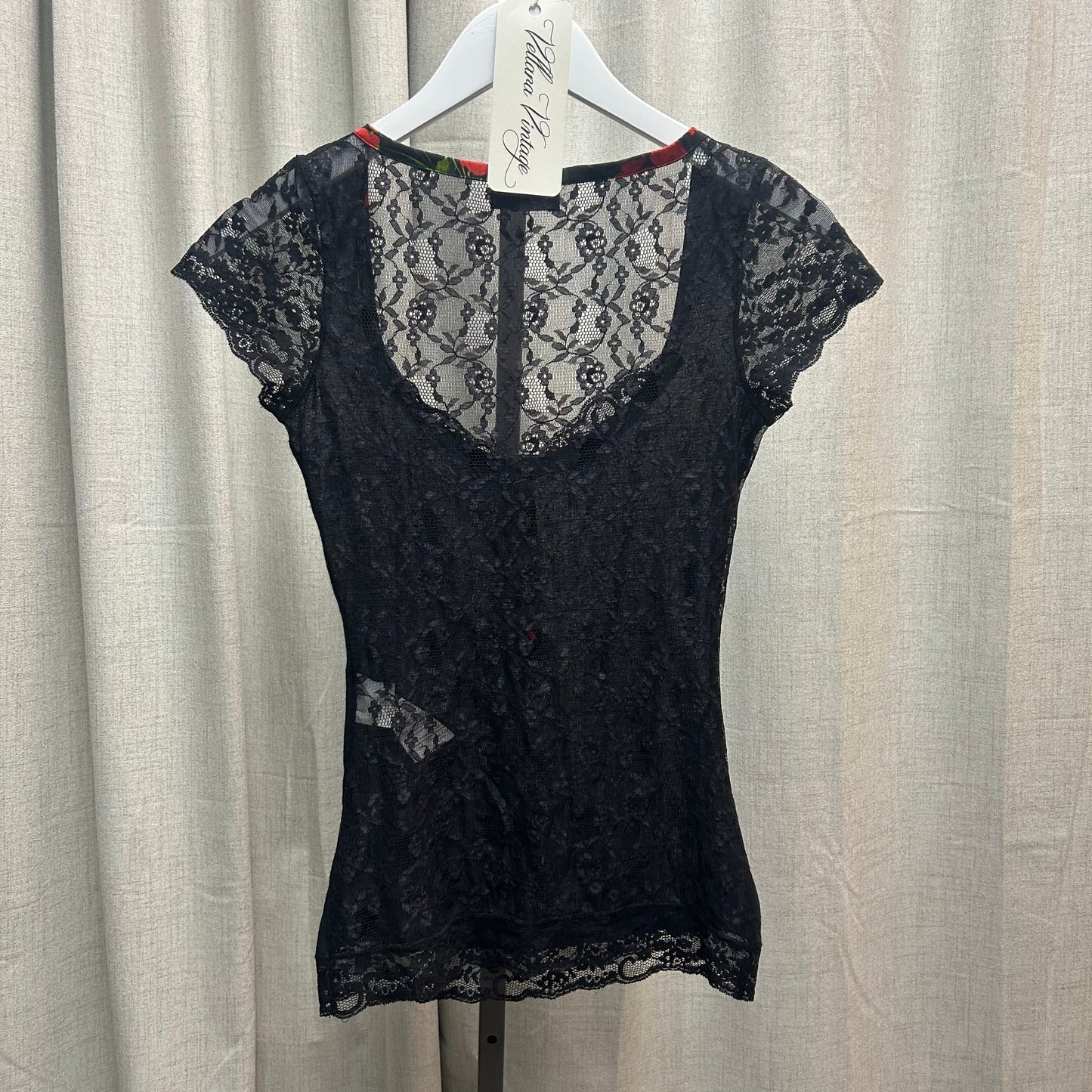 D&G Black Lace Floral Button Short Sleeve Top