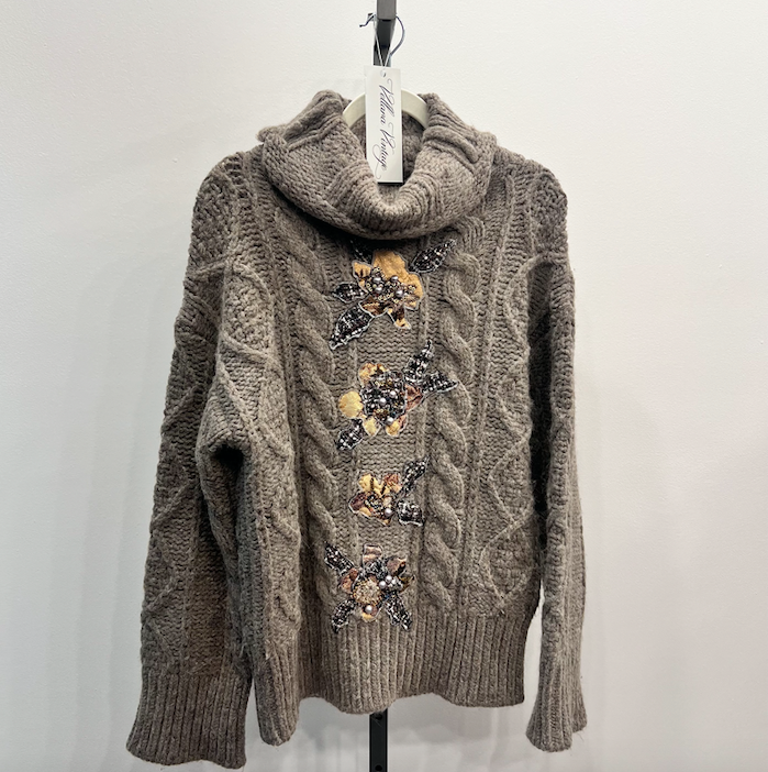 Beaded Cable Knit Turtleneck Sweater