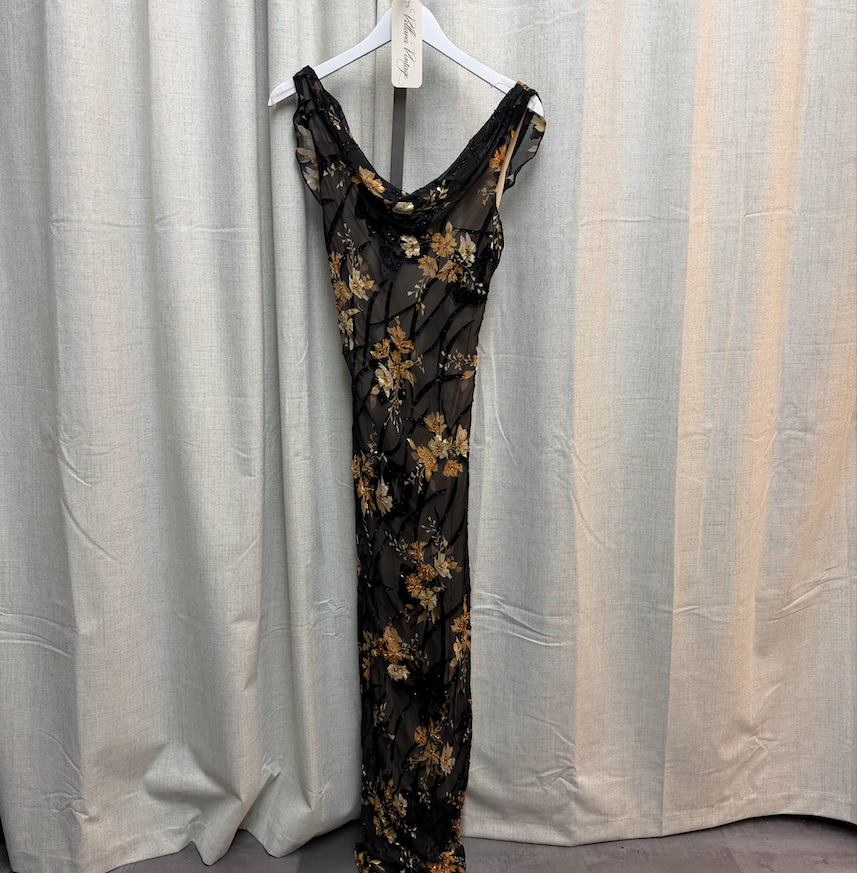 Black Silk Cowl Neck Maxi Dress w/ Tan Floral Print