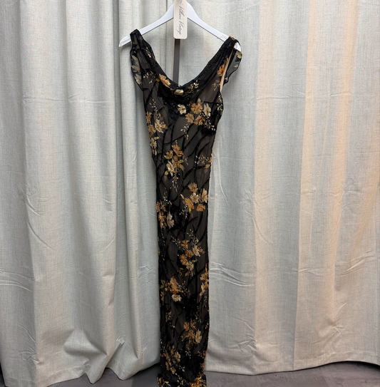 Black Silk Cowl Neck Maxi Dress w/ Tan Floral Print