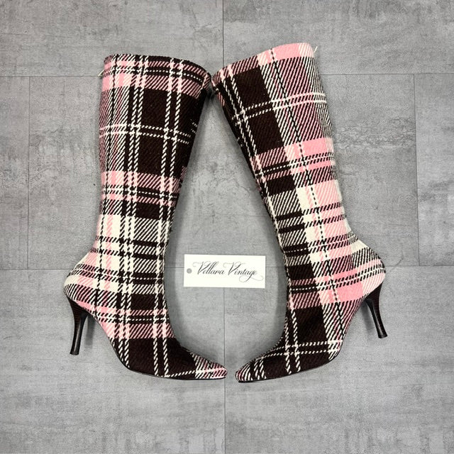 Pink and Brown Plain Pointed Toe Kitten Heel Boots